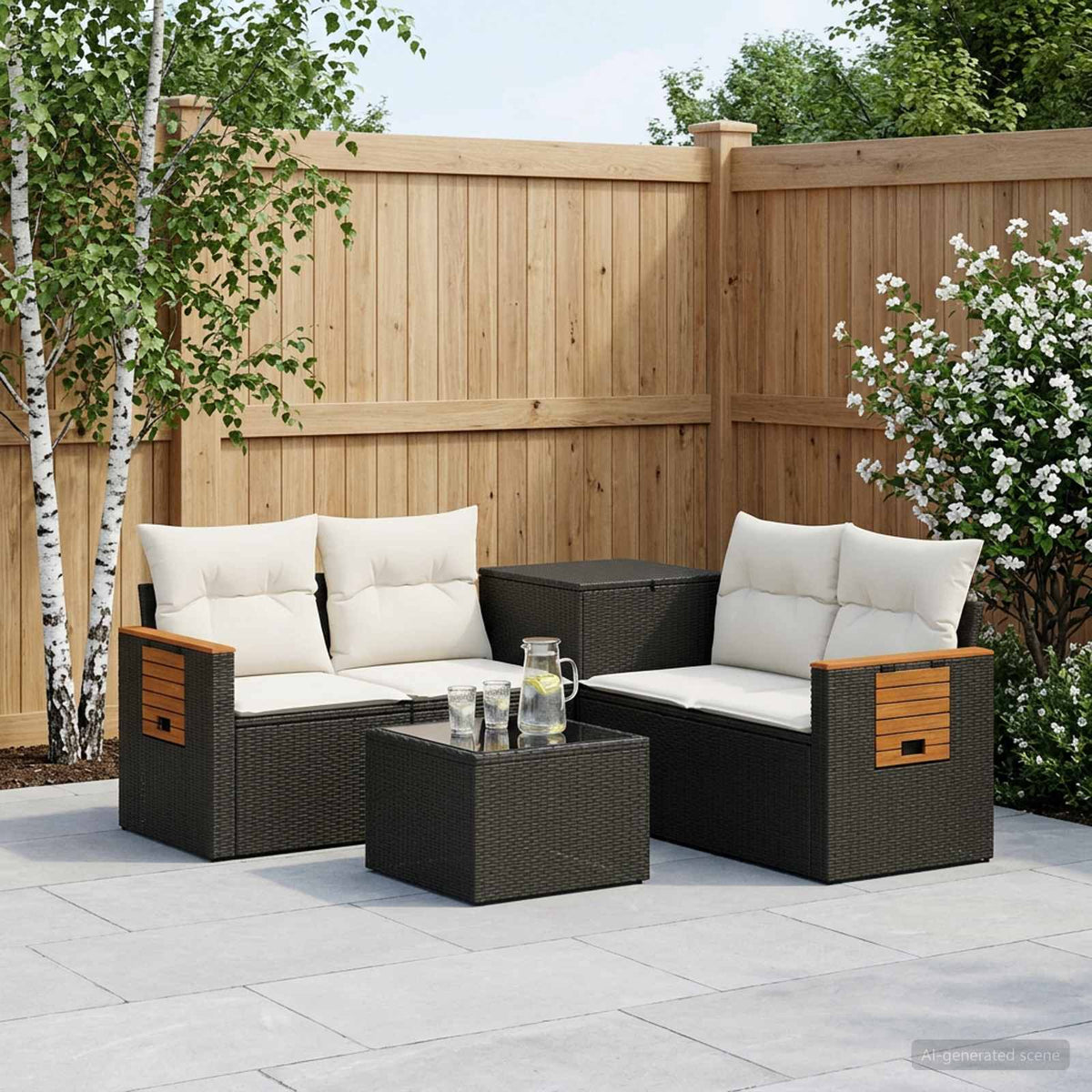 Bankstel 6 st Zwart en Cream Wit Poly Rattan en Staal is nu te koop bij PeponiXL, paradijselijk wonen!