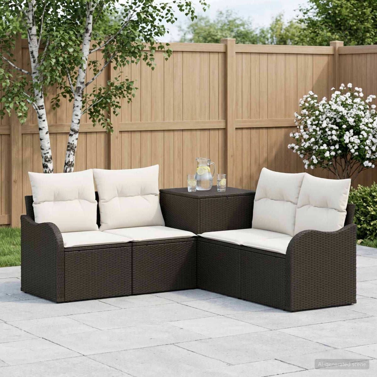 Bankstel 5 st Zwart en Cream Wit Poly Rattan en Staal is nu te koop bij PeponiXL, paradijselijk wonen!