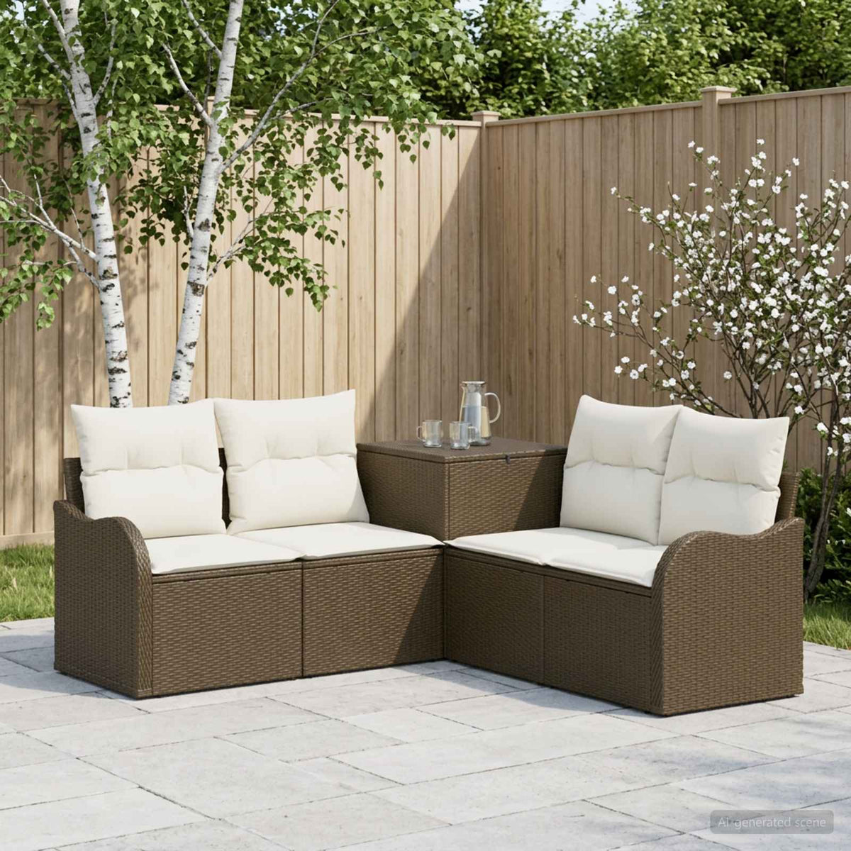 Bankstel 5 st Bruin en Crème Wit Poly Rattan en Staal is nu te koop bij PeponiXL, paradijselijk wonen!