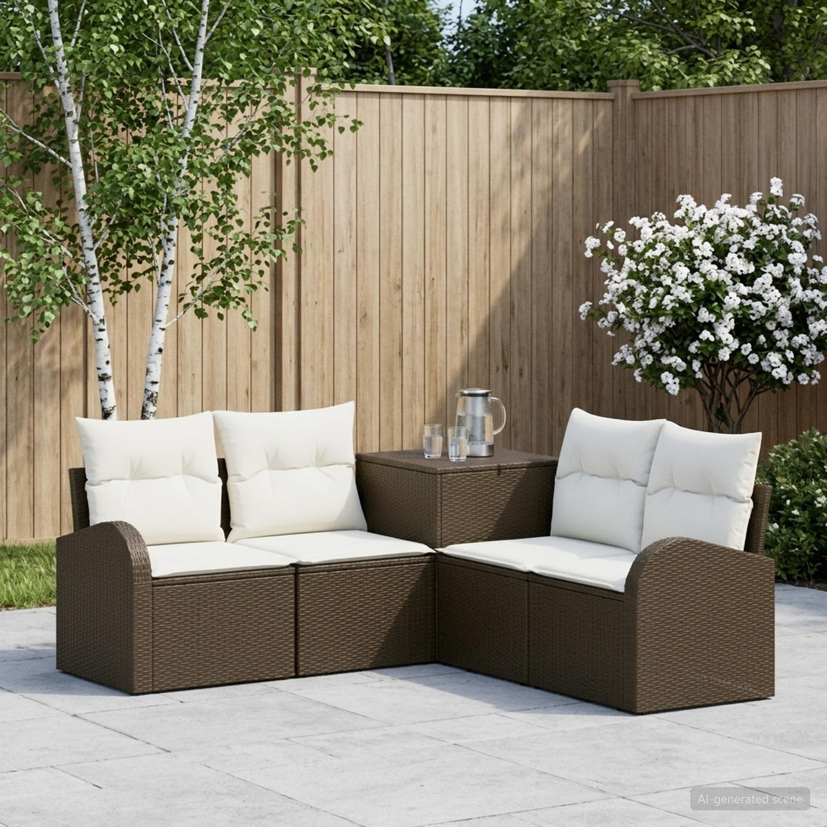 Bankstel 5 st Bruin en Crème Wit Poly Rattan en Staal is nu te koop bij PeponiXL, paradijselijk wonen!