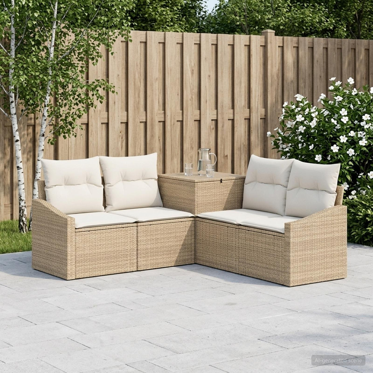 Bankstel 5 st Beige en Crème Wit Poly Rattan en Staal is nu te koop bij PeponiXL, paradijselijk wonen!