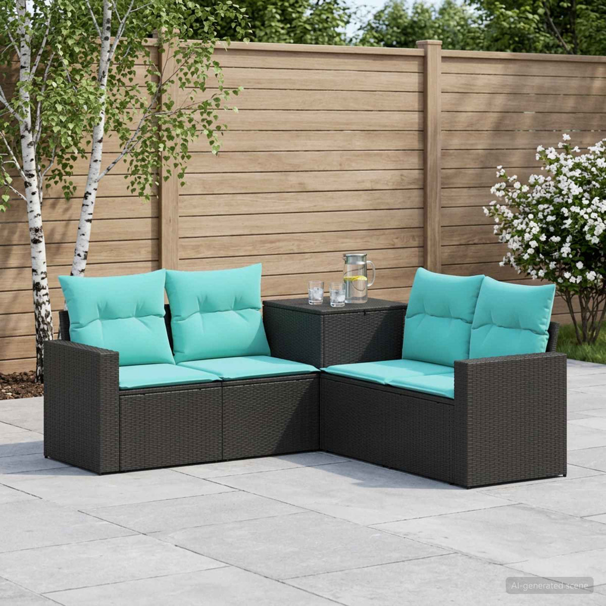 Bankstel 5 st Zwart en Blauw Poly Rattan en Staal is nu te koop bij PeponiXL, paradijselijk wonen!