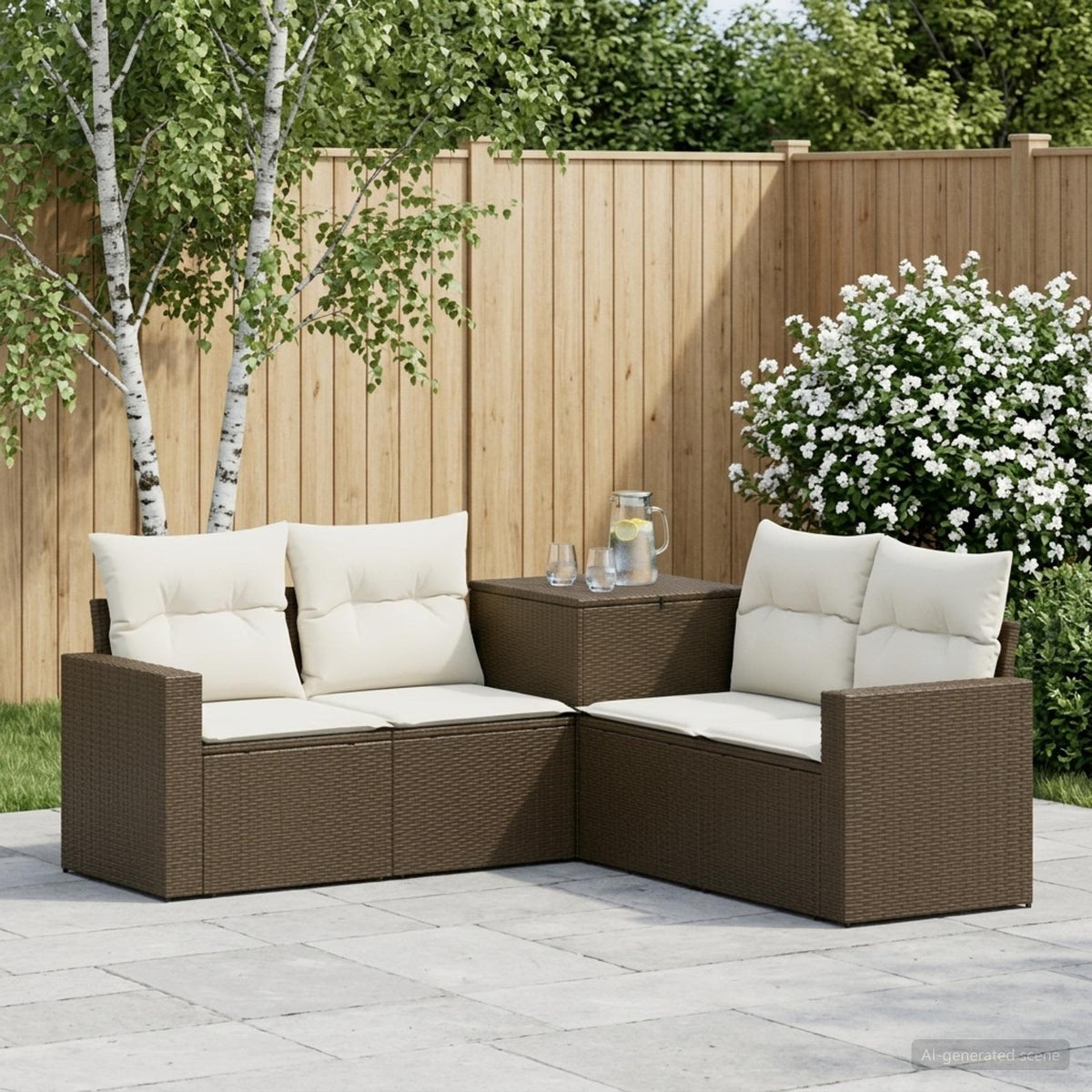 Bankstel 5 st Bruin en Crème Wit Poly Rattan en Staal is nu te koop bij PeponiXL, paradijselijk wonen!
