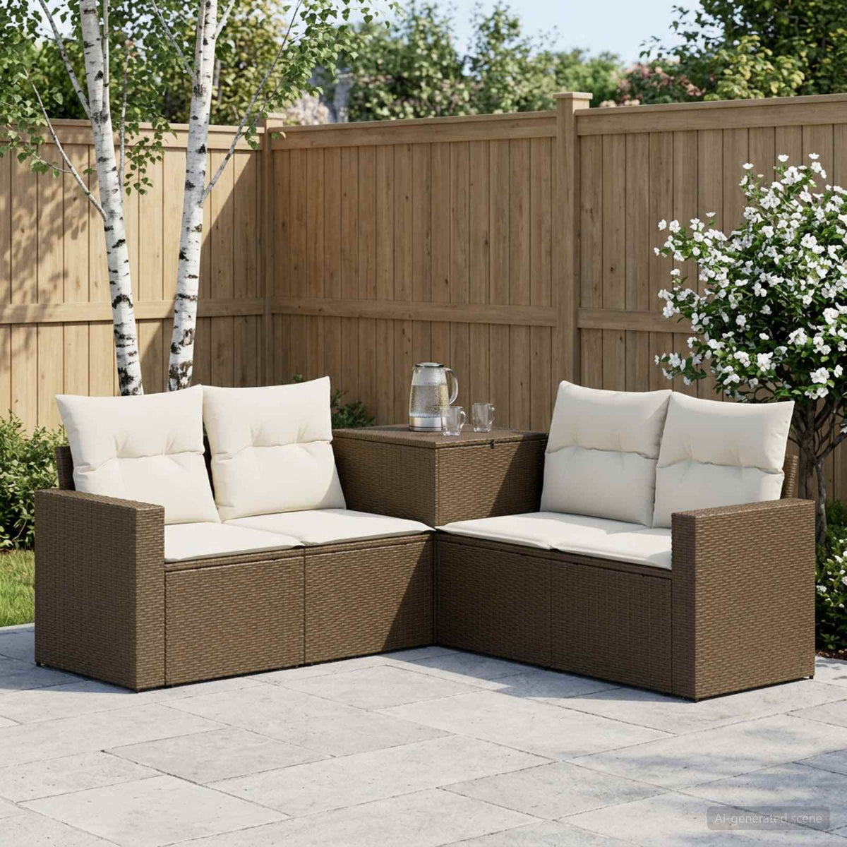Bankstel 5 st Bruin en Crème Wit Poly Rattan en Staal is nu te koop bij PeponiXL, paradijselijk wonen!