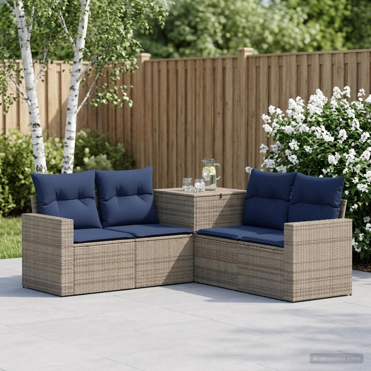 Bankstel 5 st Grijs en Marineblauw Poly Rattan en Staal is nu te koop bij PeponiXL, paradijselijk wonen!