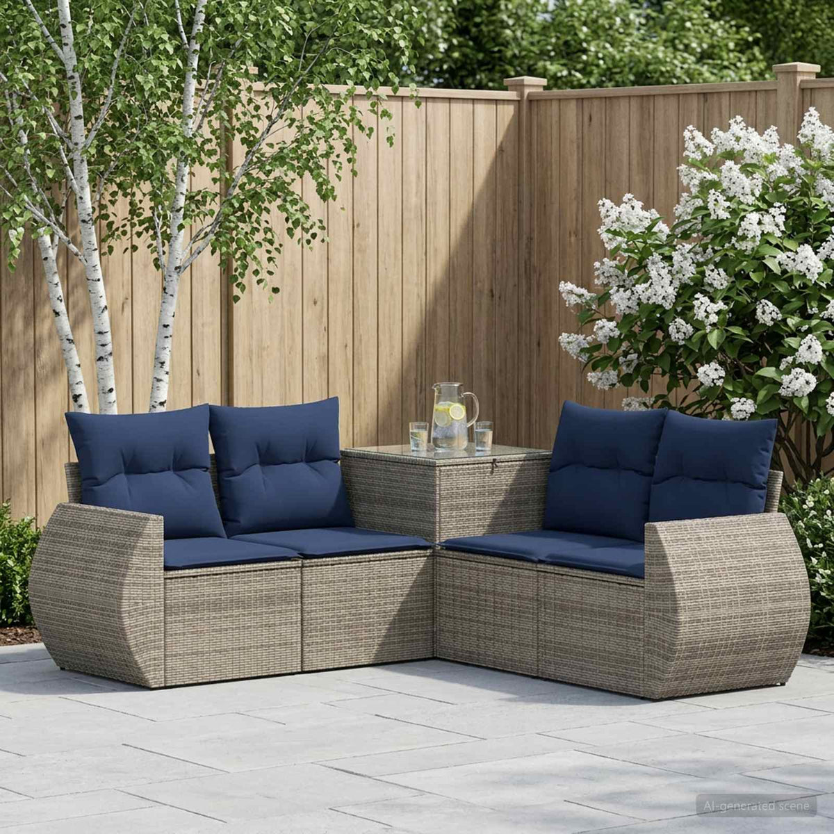 Bankstel 5 st Grijs en Marineblauw Poly Rattan en Staal is nu te koop bij PeponiXL, paradijselijk wonen!