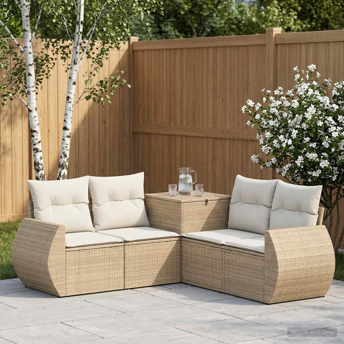 Bankstel 5 st Beige en Crème Wit Poly Rattan en Staal is nu te koop bij PeponiXL, paradijselijk wonen!