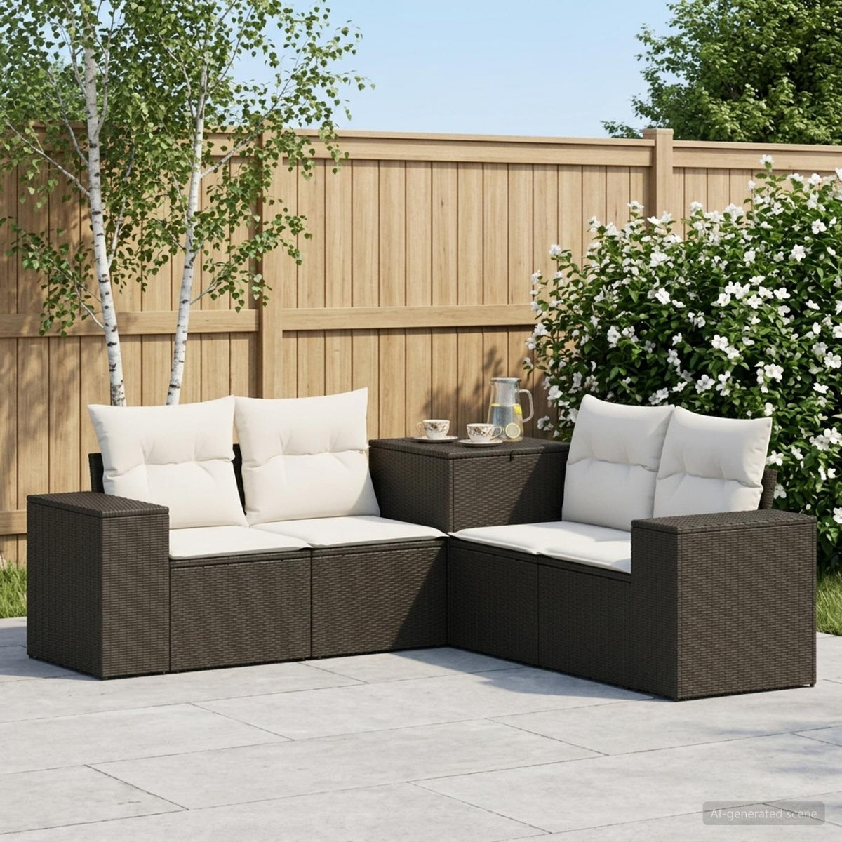 Bankstel 5 st Zwart en Cream Wit Poly Rattan en Staal is nu te koop bij PeponiXL, paradijselijk wonen!