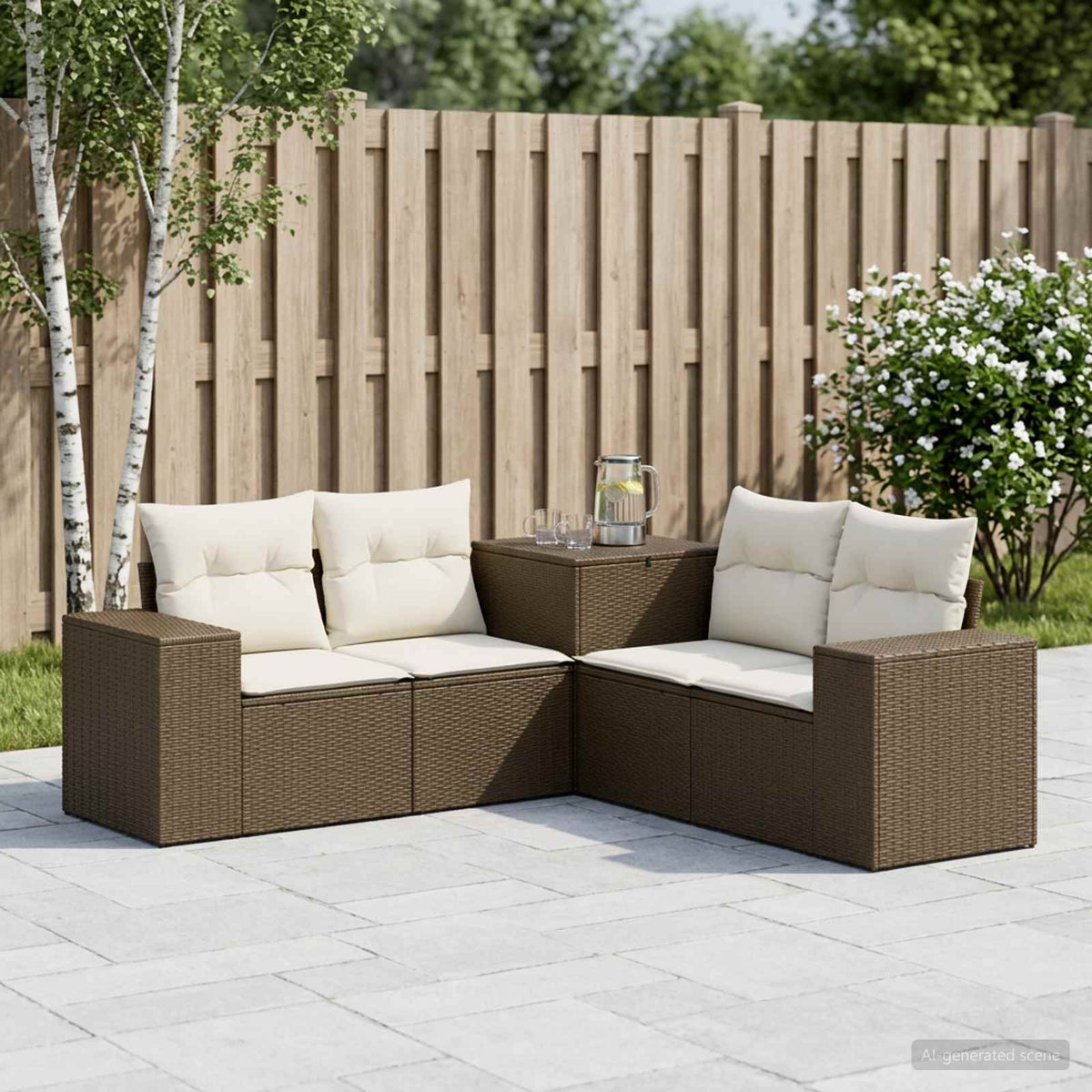 Bankstel 5 st Bruin en Crème Wit Poly Rattan en Staal is nu te koop bij PeponiXL, paradijselijk wonen!