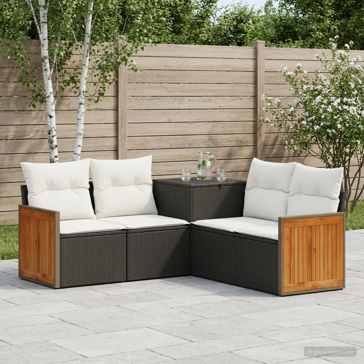 Bankstel 5 st Zwart en Cream Wit Poly Rattan en Staal is nu te koop bij PeponiXL, paradijselijk wonen!