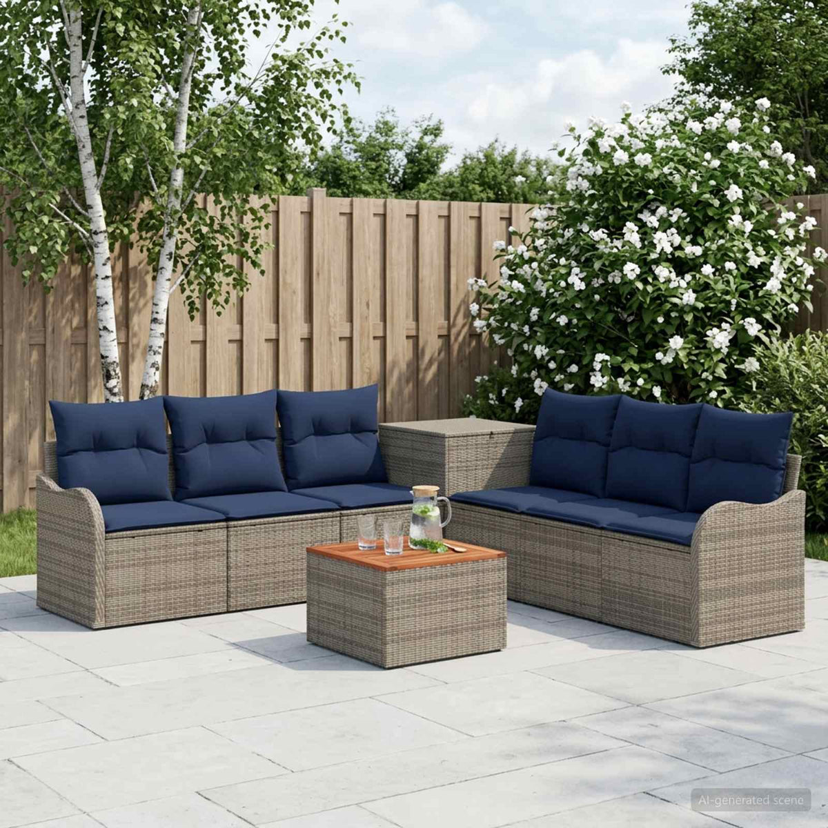 Bankstel 8 st Grijs en Marineblauw Poly Rattan en Staal is nu te koop bij PeponiXL, paradijselijk wonen!