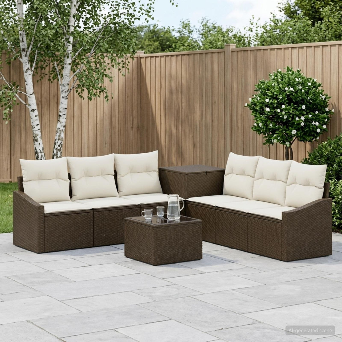 Bankstel 8 st Bruin en Crème Wit Poly Rattan en Staal is nu te koop bij PeponiXL, paradijselijk wonen!