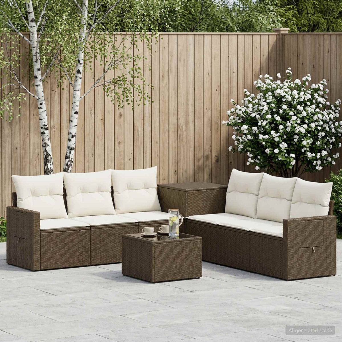 Bankstel 8 st Bruin en Crème Wit Poly Rattan en Staal is nu te koop bij PeponiXL, paradijselijk wonen!