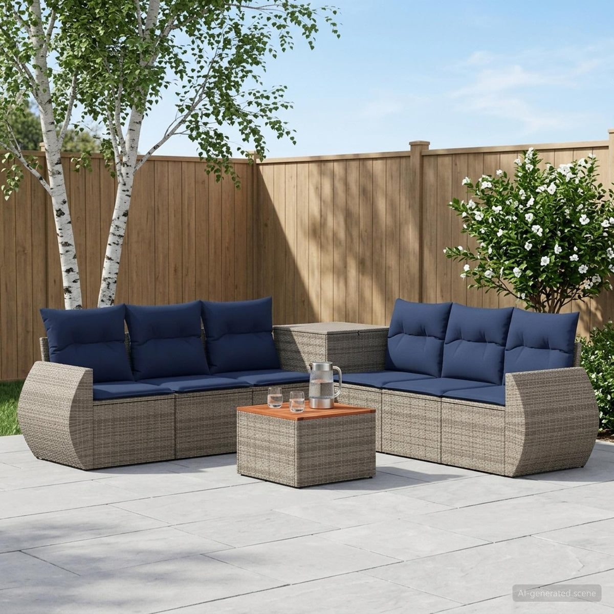 Bankstel 8 st Grijs en Marineblauw Poly Rattan en Staal is nu te koop bij PeponiXL, paradijselijk wonen!