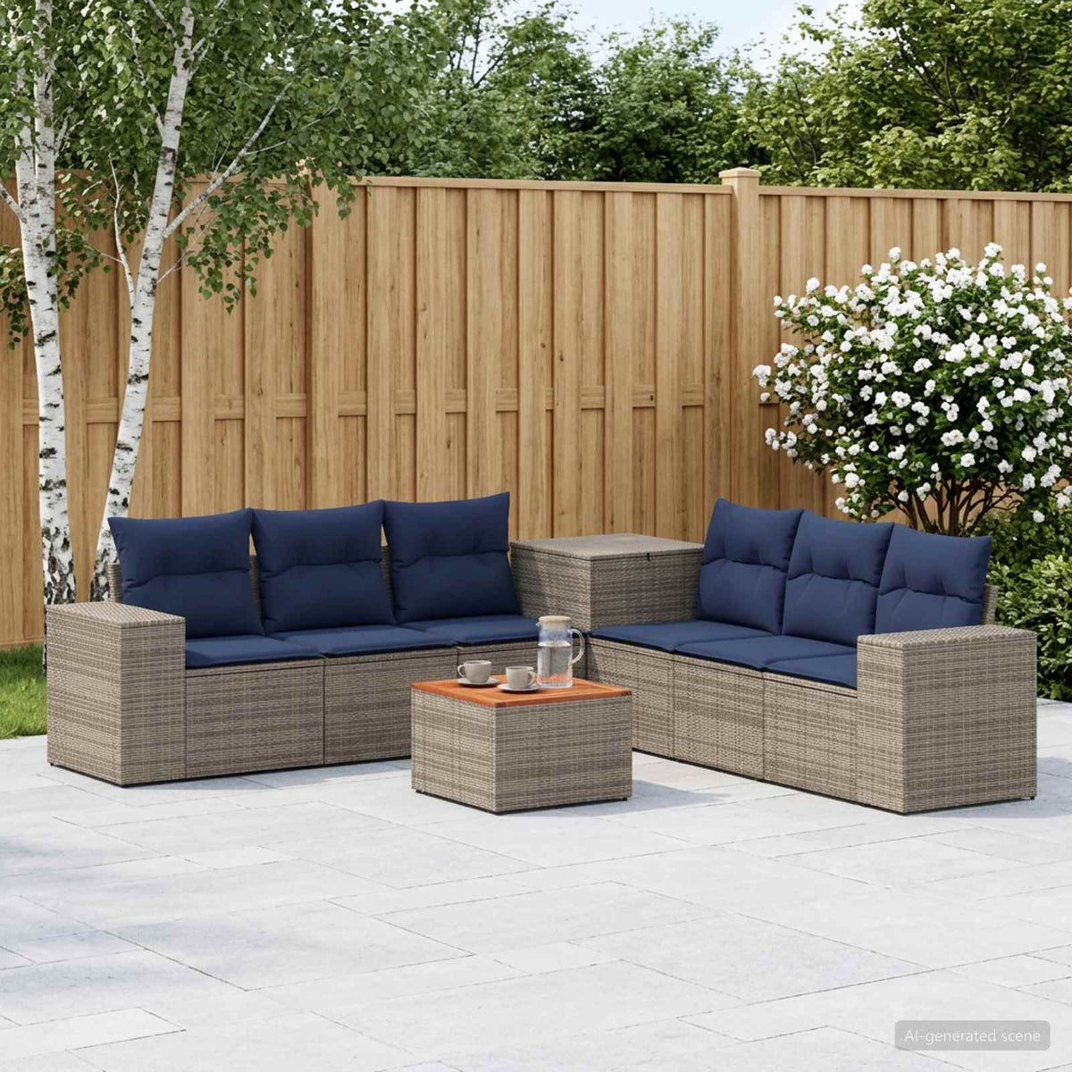 Bankstel 8 st Grijs en Marineblauw Poly Rattan en Staal is nu te koop bij PeponiXL, paradijselijk wonen!