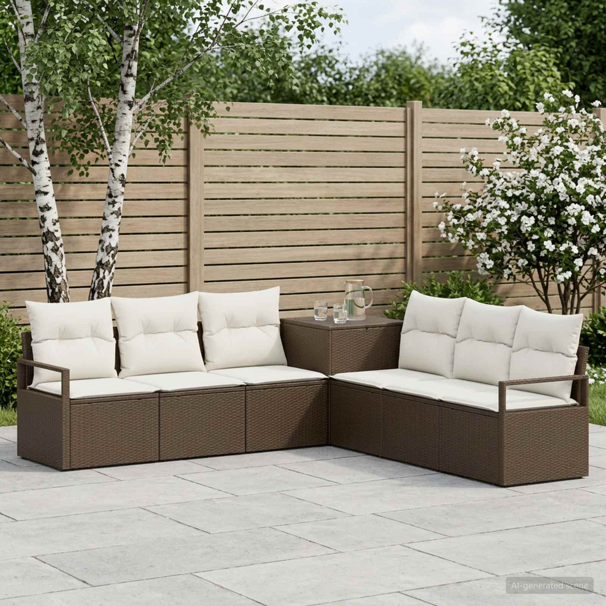 Bankstel 7 st Bruin en Crème Wit Poly Rattan en Staal is nu te koop bij PeponiXL, paradijselijk wonen!