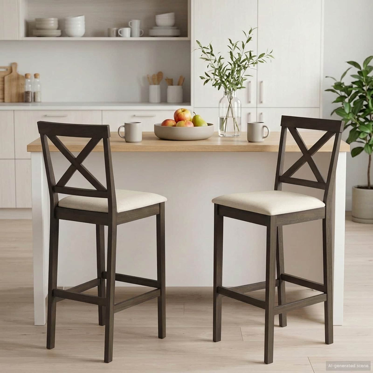 Barkruk 2 st Lichtbruin en Beige Massief Rubberhout en Stof is nu te koop bij PeponiXL, paradijselijk wonen!