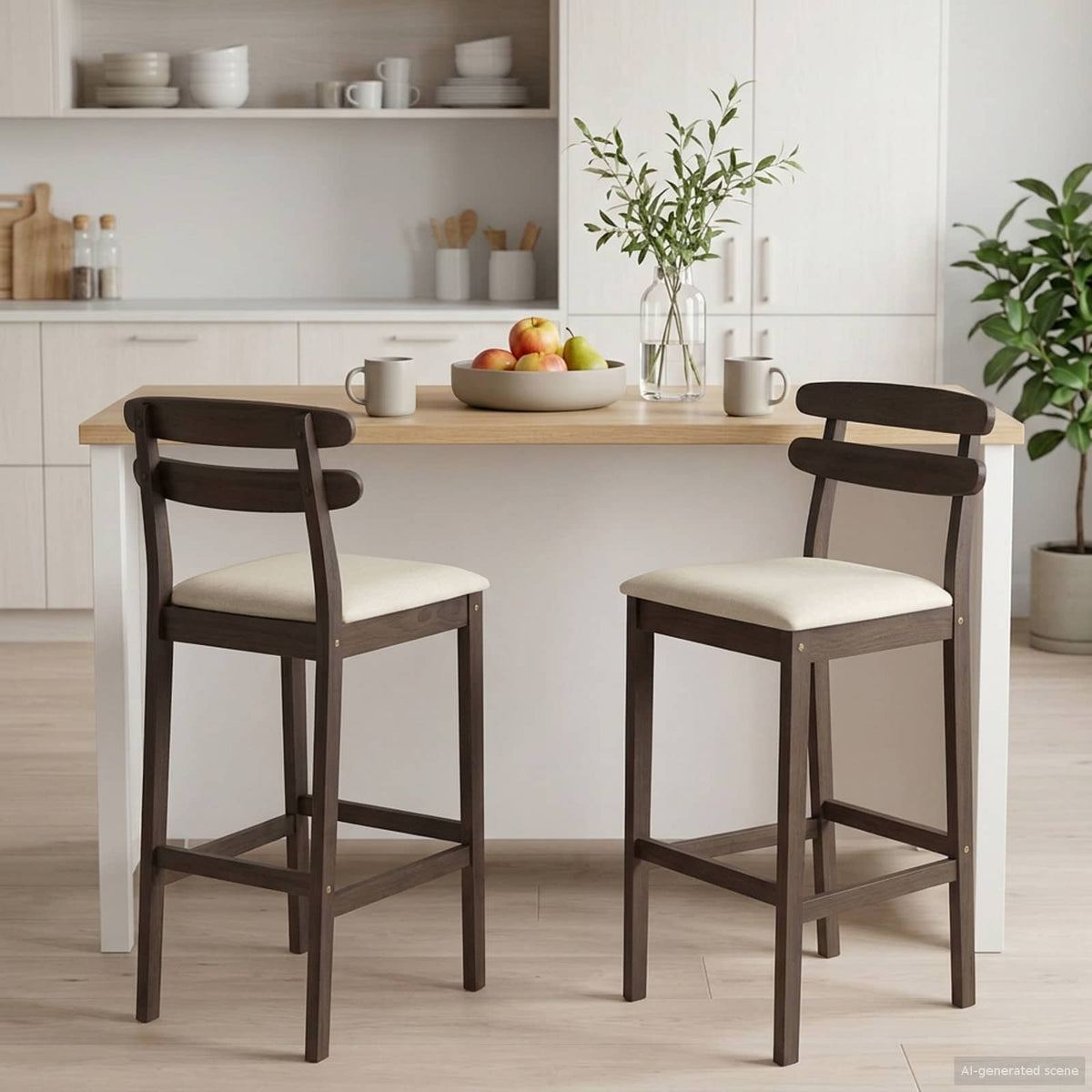 Barkruk 2 st Lichtbruin en Beige Massief Rubberhout en Stof is nu te koop bij PeponiXL, paradijselijk wonen!