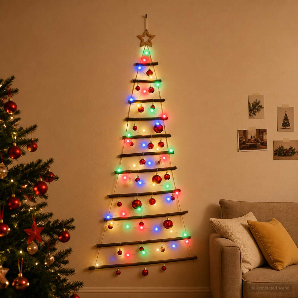 Hangende kerstboom met ballen 150 cm 80 LED's Meerkleurig is nu te koop bij PeponiXL, paradijselijk wonen!