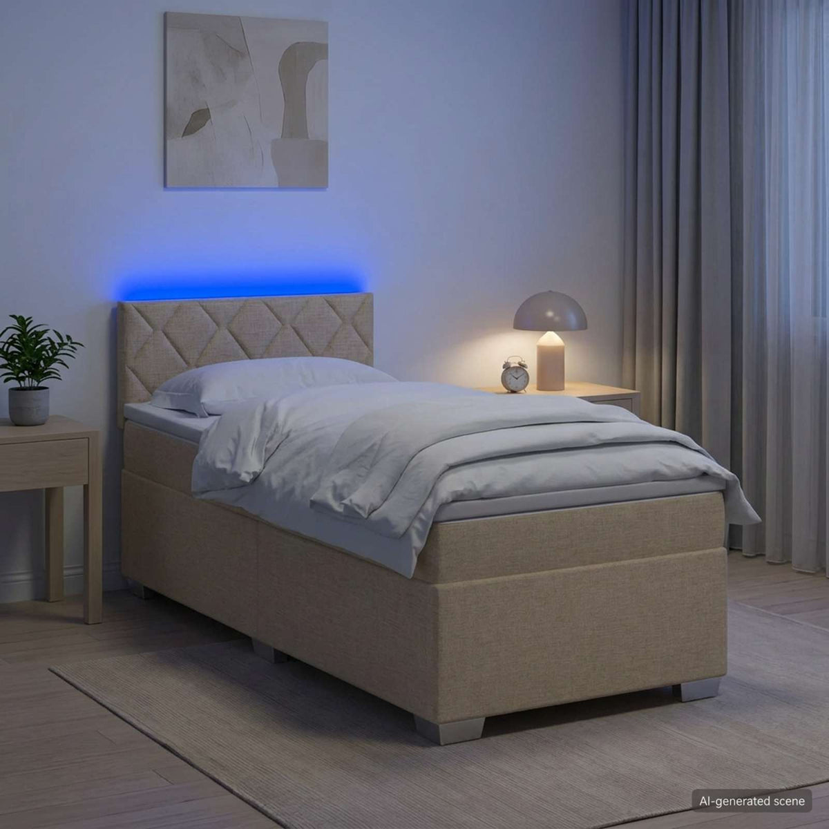 Boxspring Bed met Matras en LED Crèmekleurig 100 x 200 cm Stof is nu te koop bij PeponiXL, paradijselijk wonen!