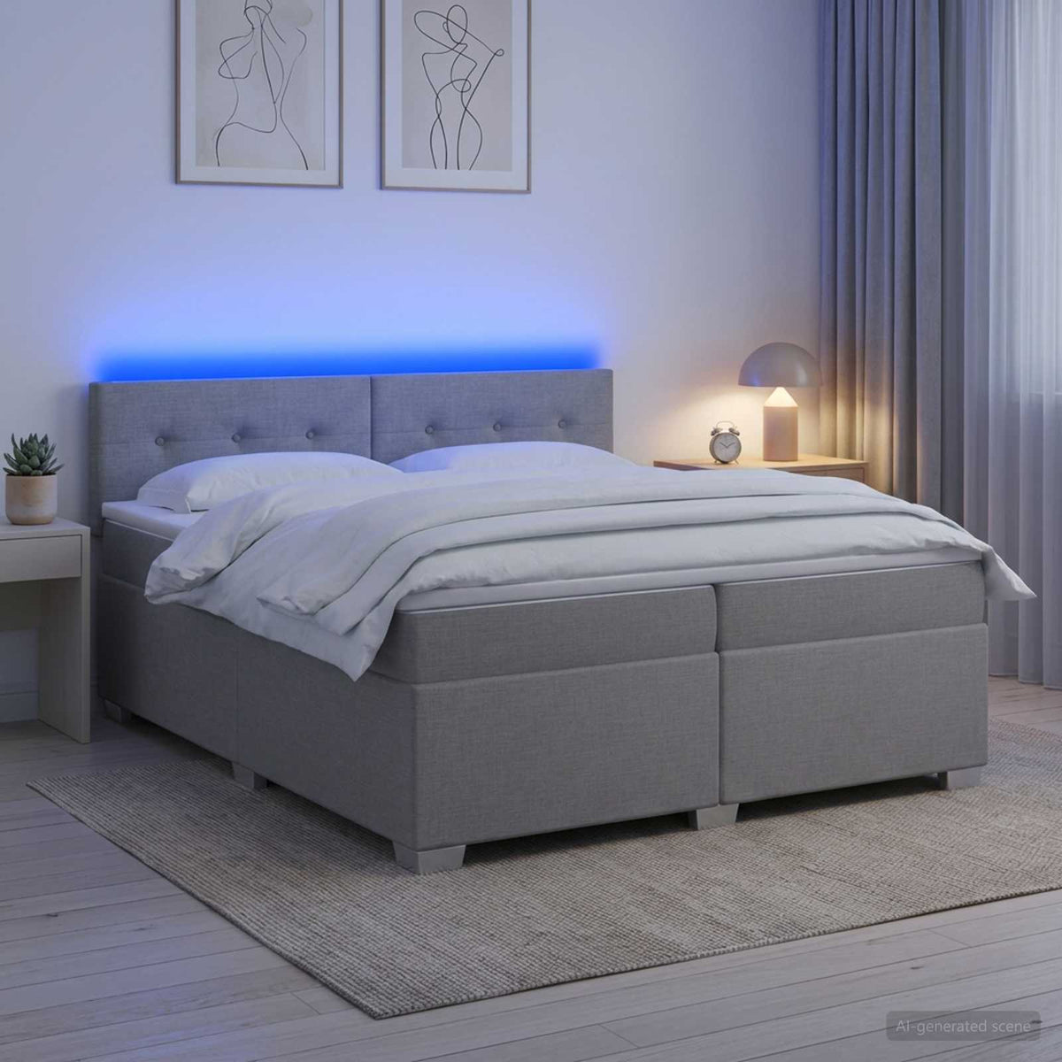 Boxspring Bed met Matras en LED Lichtgrijs 200 x 200 cm Stof is nu te koop bij PeponiXL, paradijselijk wonen!