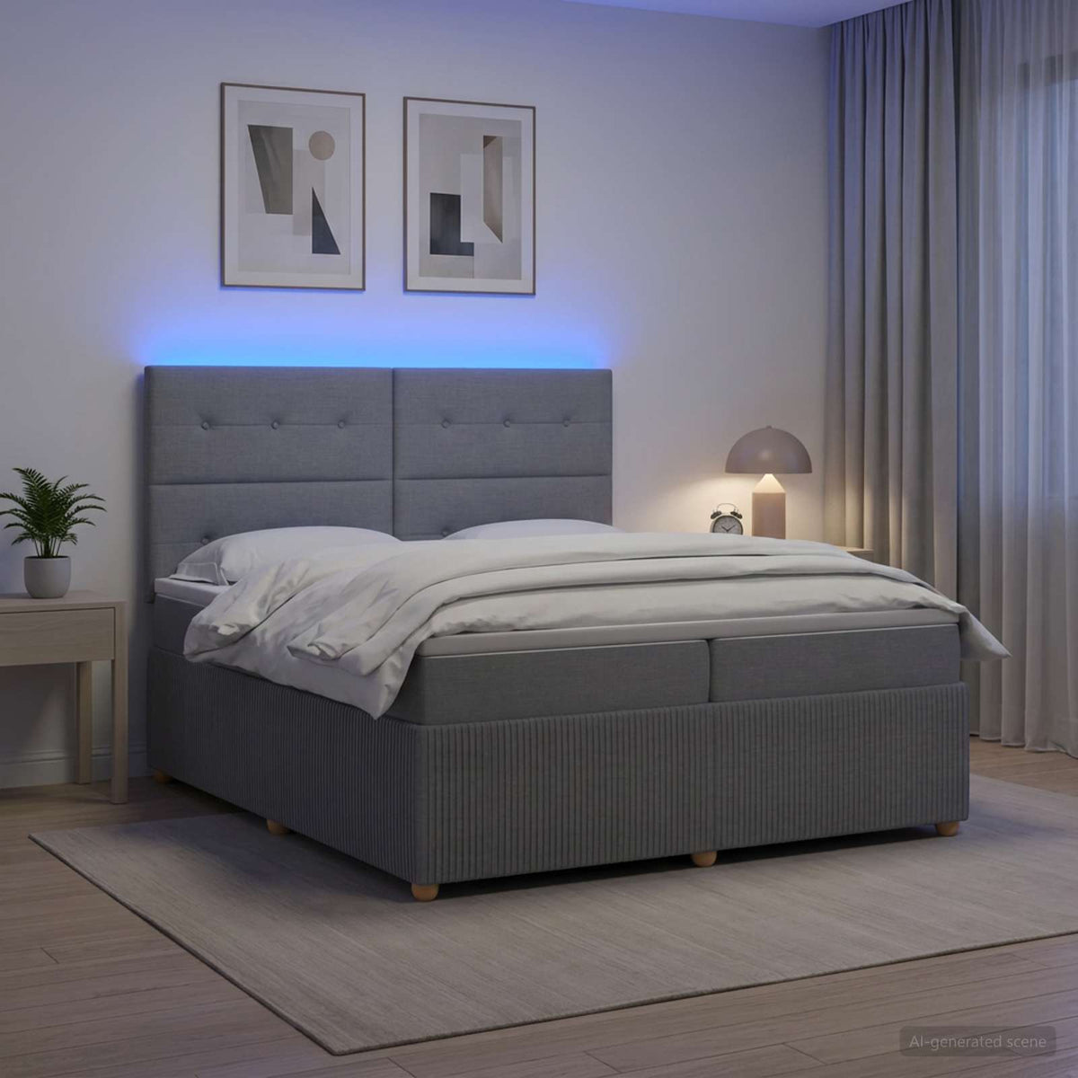 vidaXL LED Boxspring Bed met Matras Lichtgrijs 200 x 200 cm Stof