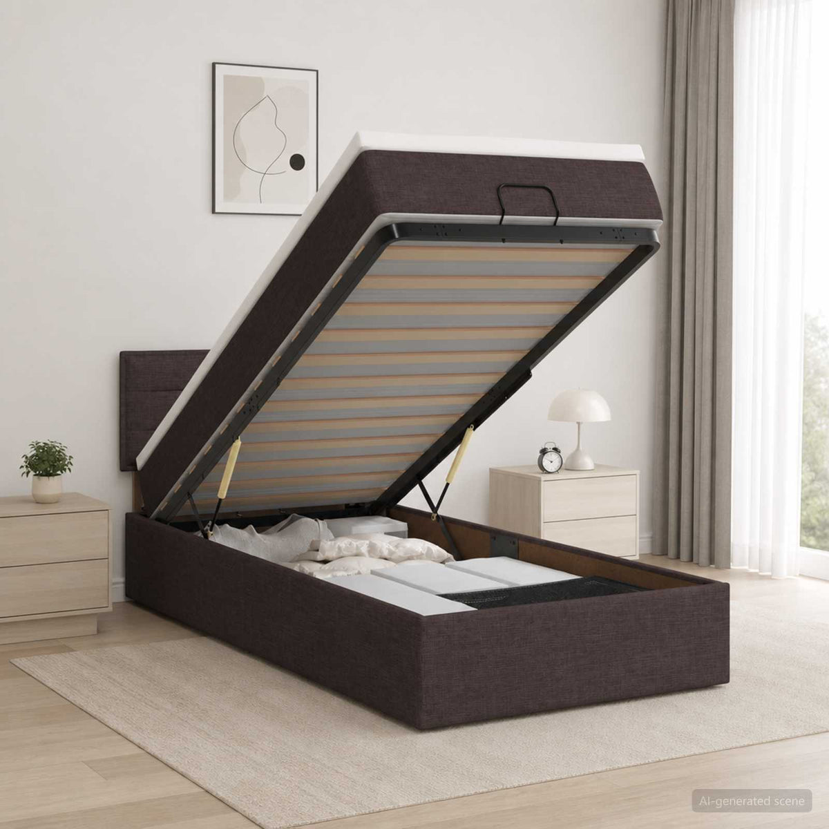 Ottoman bed met matras Donkerbruin 100 x 200 cm Stof is nu te koop bij PeponiXL, paradijselijk wonen!