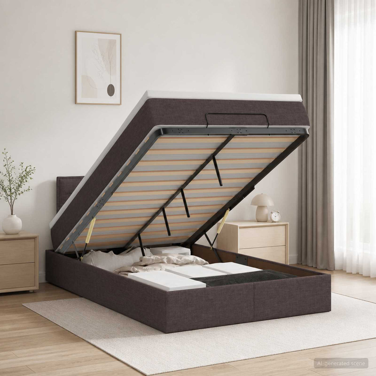 Ottoman Bed met Matrassen en LED Donkerbruin 120 x 200 cm Stof is nu te koop bij PeponiXL, paradijselijk wonen!