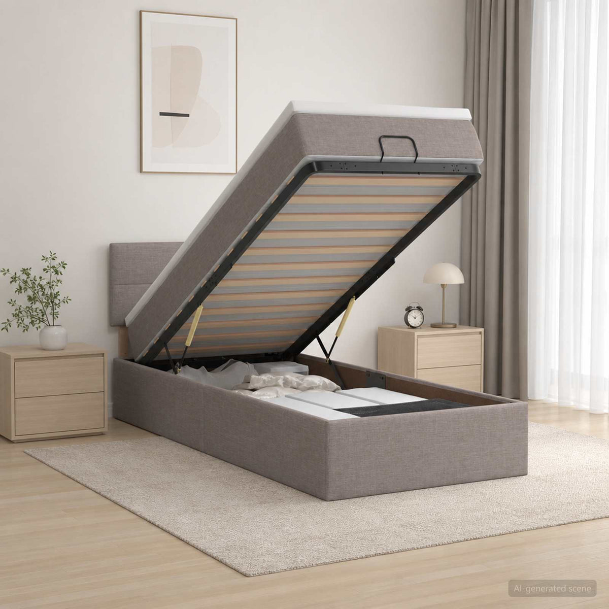Ottoman Bed met Matrassen en LED Taupe 90 x 190 cm Stof is nu te koop bij PeponiXL, paradijselijk wonen!