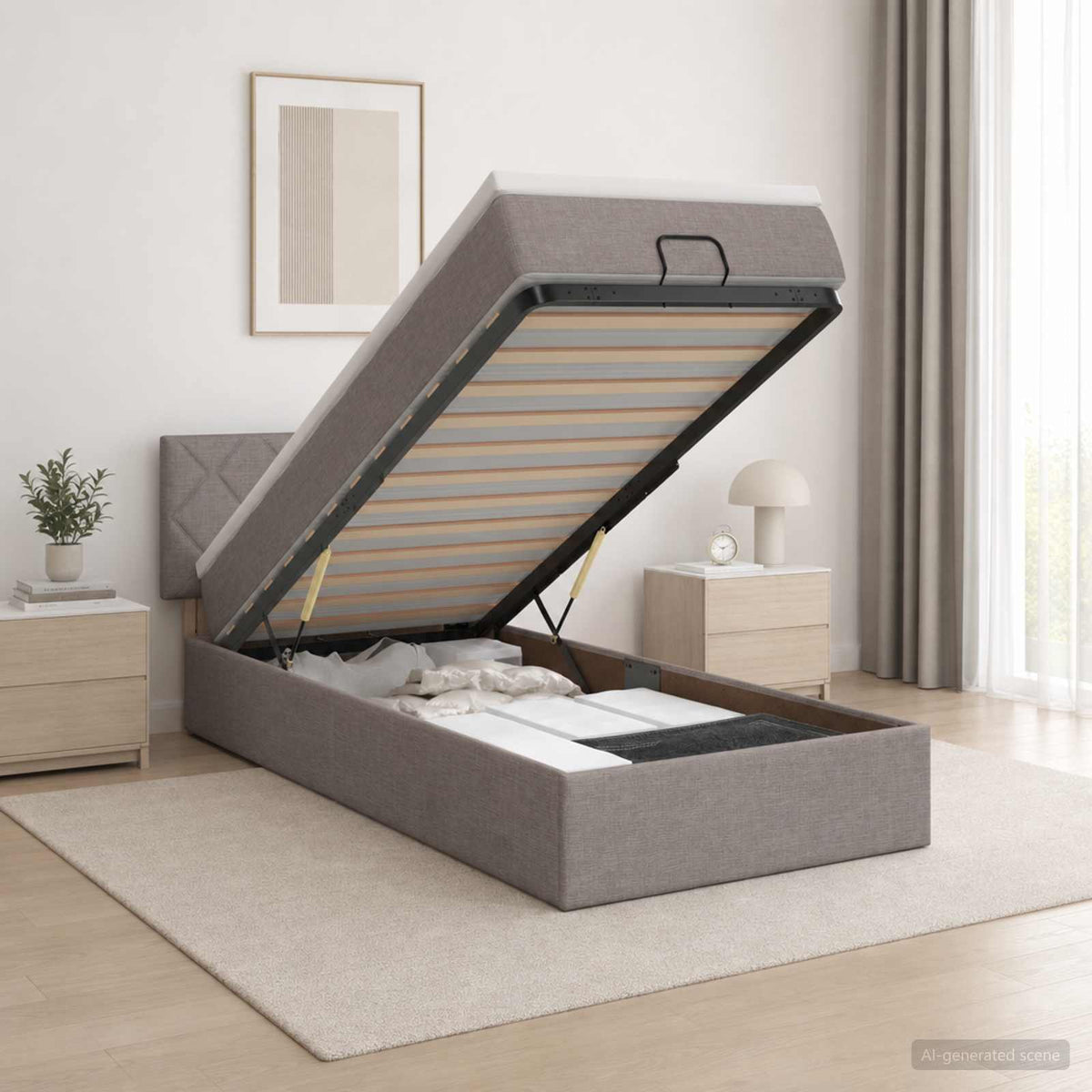 Ottoman bed met matras met hoofdeinde Taupe 100 x 200 cm Stof is nu te koop bij PeponiXL, paradijselijk wonen!