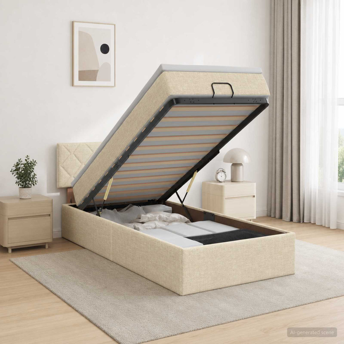 Ottoman bed met matras Crèmekleurig 100 x 200 cm Stof is nu te koop bij PeponiXL, paradijselijk wonen!