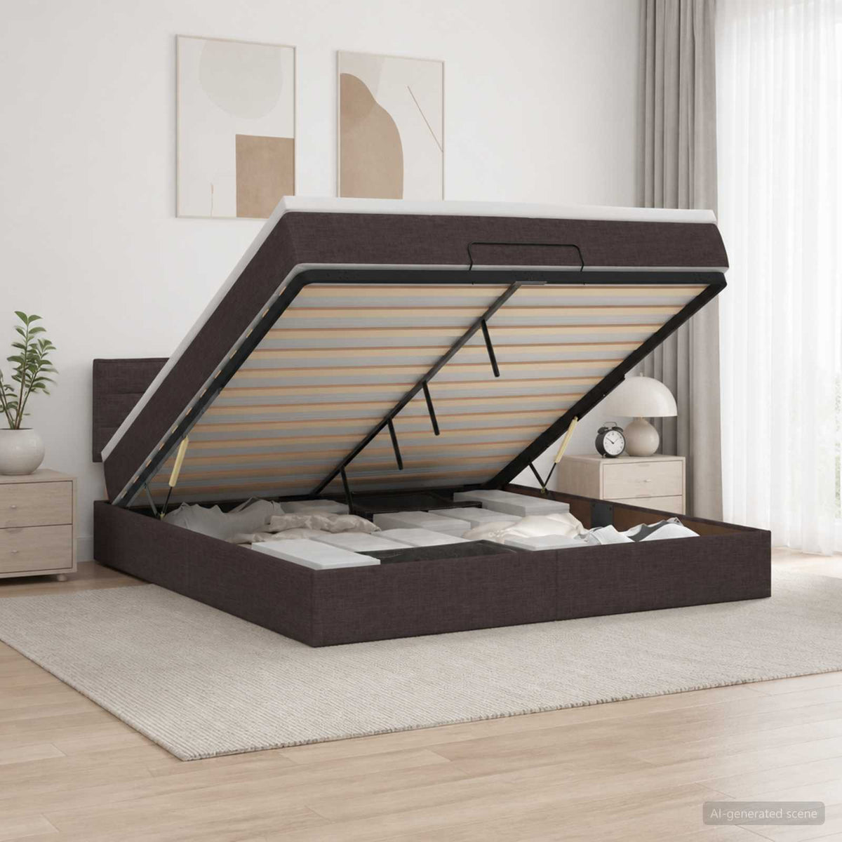 Ottoman bed met matras Donkerbruin 160 x 200 cm Stof is nu te koop bij PeponiXL, paradijselijk wonen!