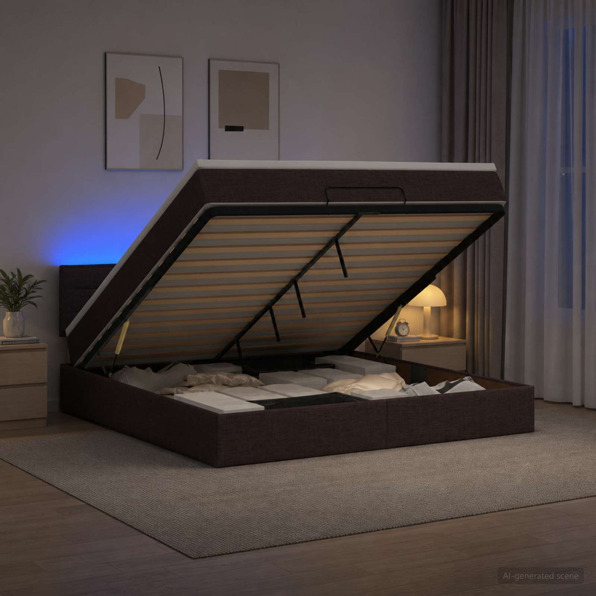 Ottoman Bed met Matrassen en LED Donkerbruin 160 x 200 cm Stof is nu te koop bij PeponiXL, paradijselijk wonen!