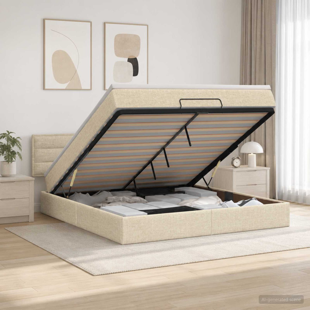 Ottoman bed met matras Crèmekleurig 160 x 200 cm Stof is nu te koop bij PeponiXL, paradijselijk wonen!