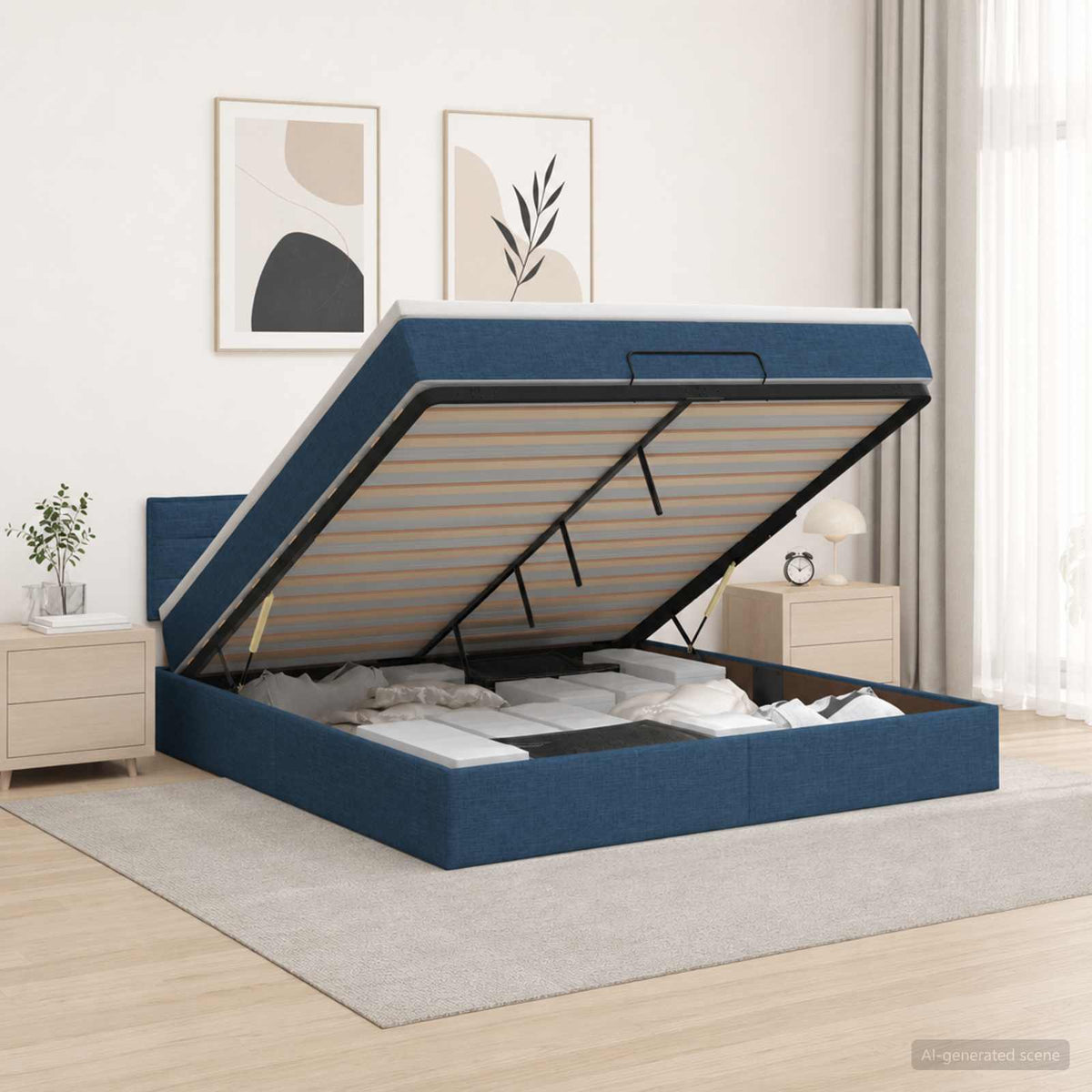 Ottoman bed met matras met hoofdeinde Blauw 160 x 200 cm Stof is nu te koop bij PeponiXL, paradijselijk wonen!