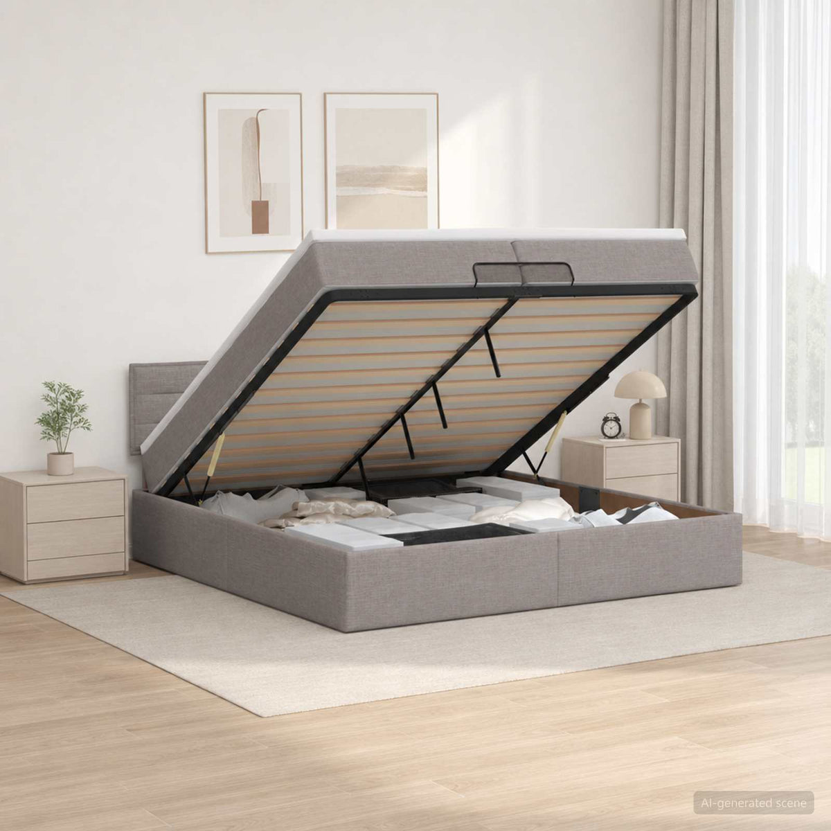 Ottoman bed met matras met hoofdeinde Taupe 200 x 200 cm Stof is nu te koop bij PeponiXL, paradijselijk wonen!