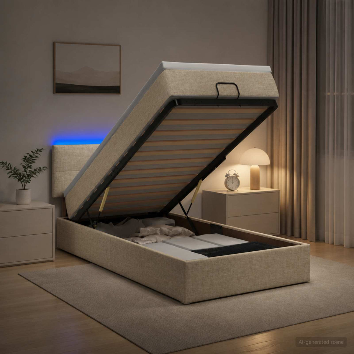 Ottoman Bed met Matrassen en LED Crèmekleurig 90 x 200 cm Stof is nu te koop bij PeponiXL, paradijselijk wonen!