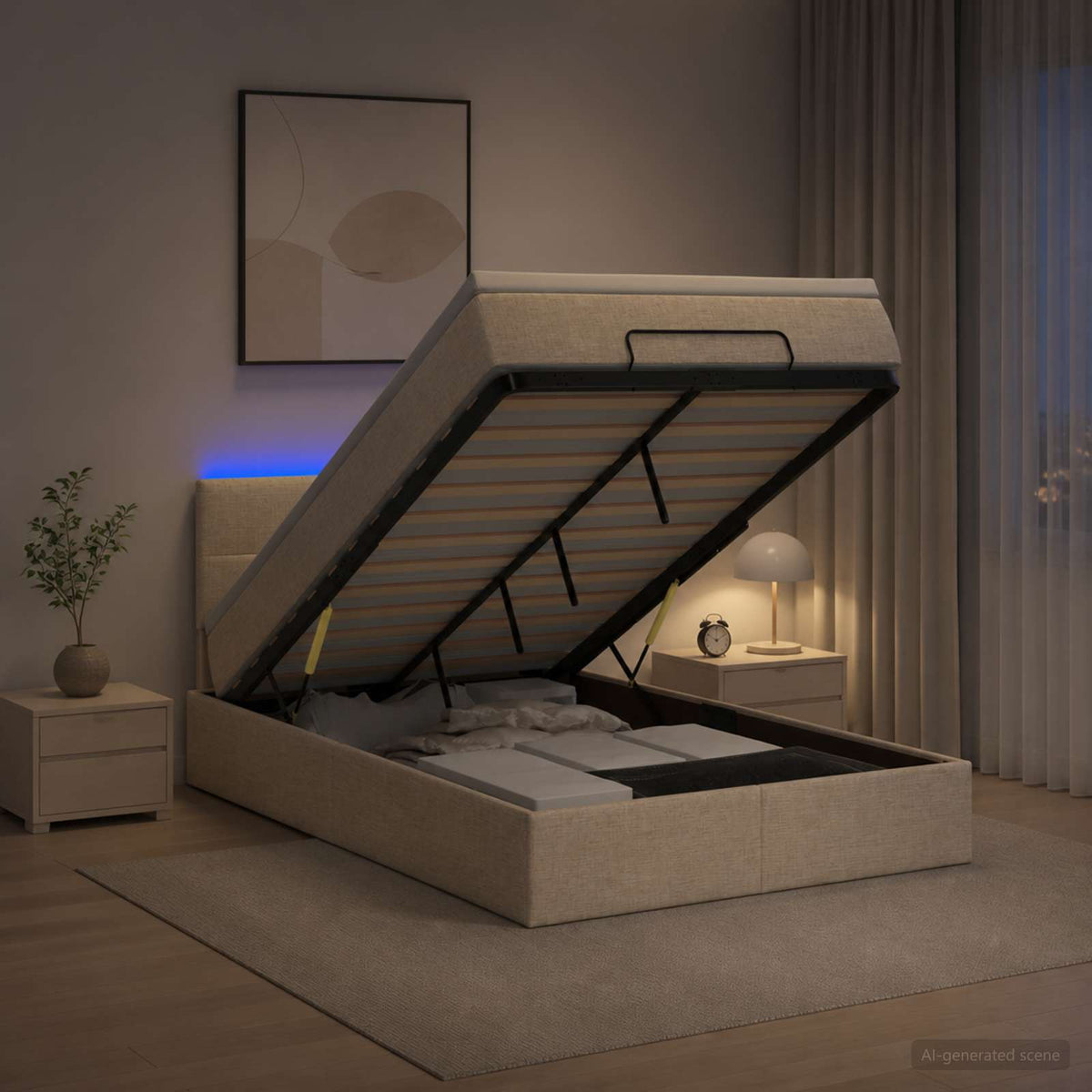 Ottoman Bed met Matrassen en LED Crèmekleurig 120 x 200 cm Stof is nu te koop bij PeponiXL, paradijselijk wonen!