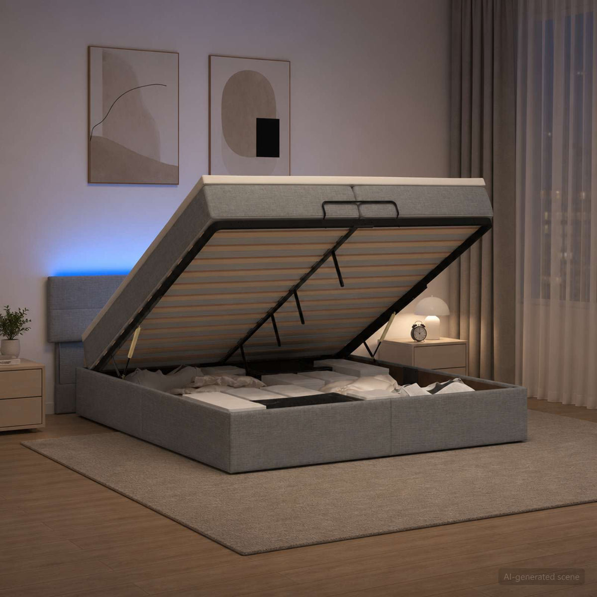 Ottoman Bed met Matrassen en LED Lichtgrijs 200 x 200 cm Stof is nu te koop bij PeponiXL, paradijselijk wonen!