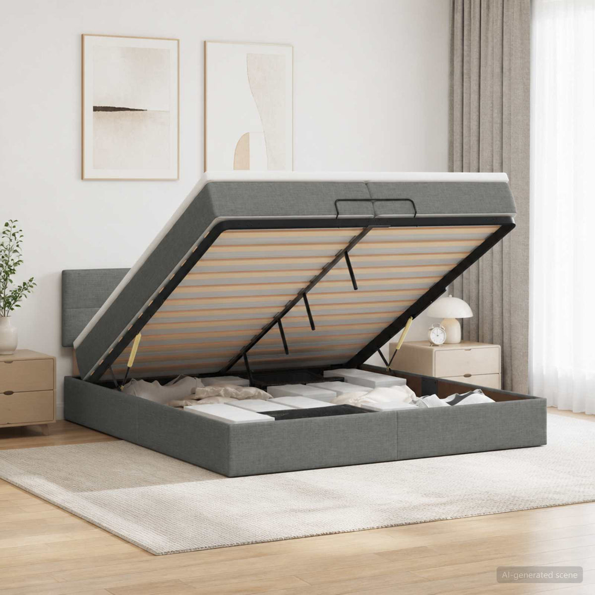 Ottoman Bed met Matrassen en LED Donkergrijs 200 x 200 cm Stof is nu te koop bij PeponiXL, paradijselijk wonen!