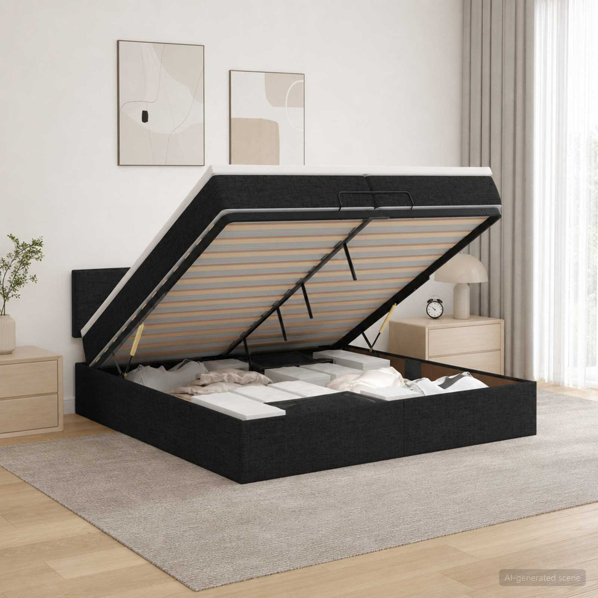 Ottoman Bed met Matrassen en LED Zwart 200 x 200 cm Stof is nu te koop bij PeponiXL, paradijselijk wonen!