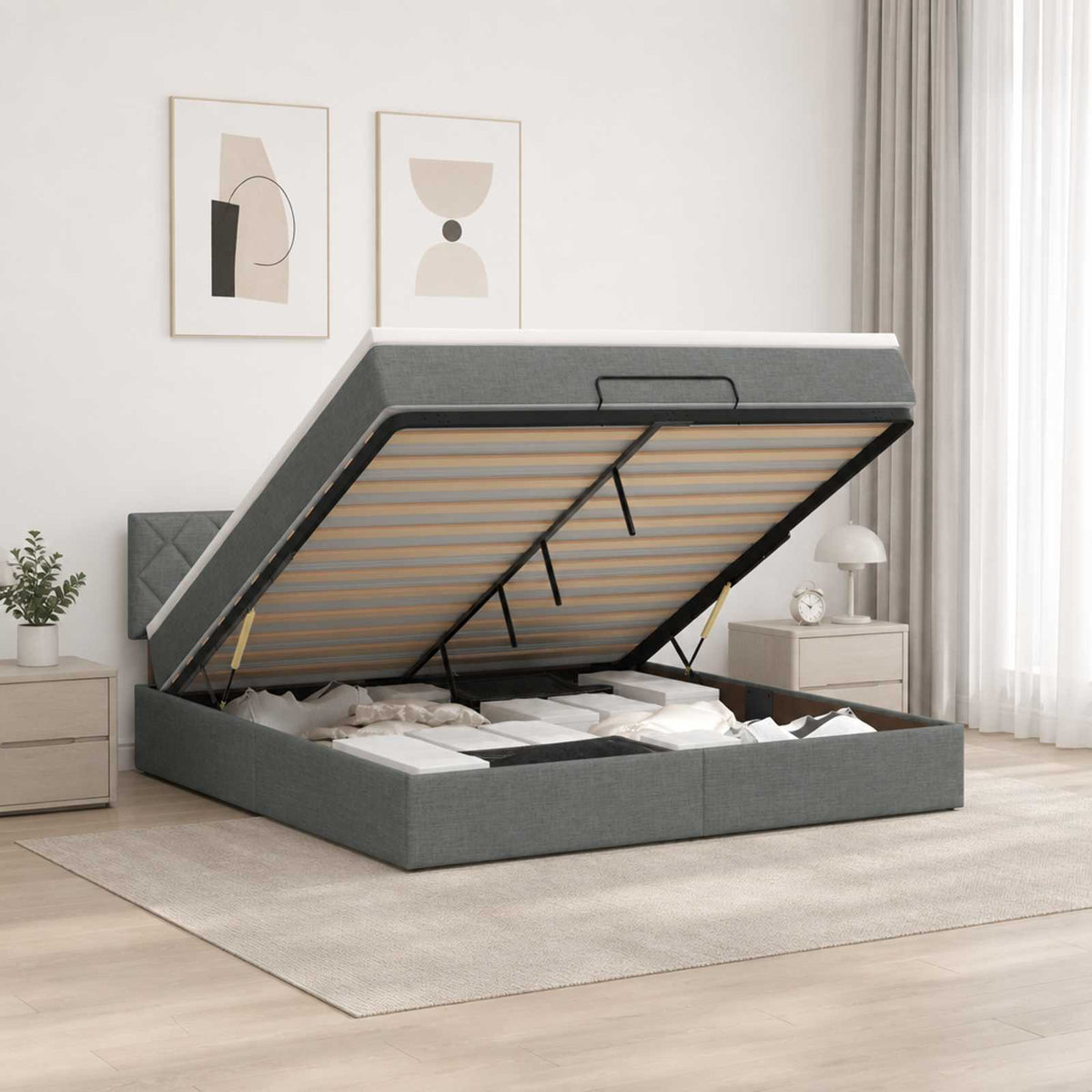 Ottoman bed met matras Donkergrijs 140 x 200 cm Stof is nu te koop bij PeponiXL, paradijselijk wonen!