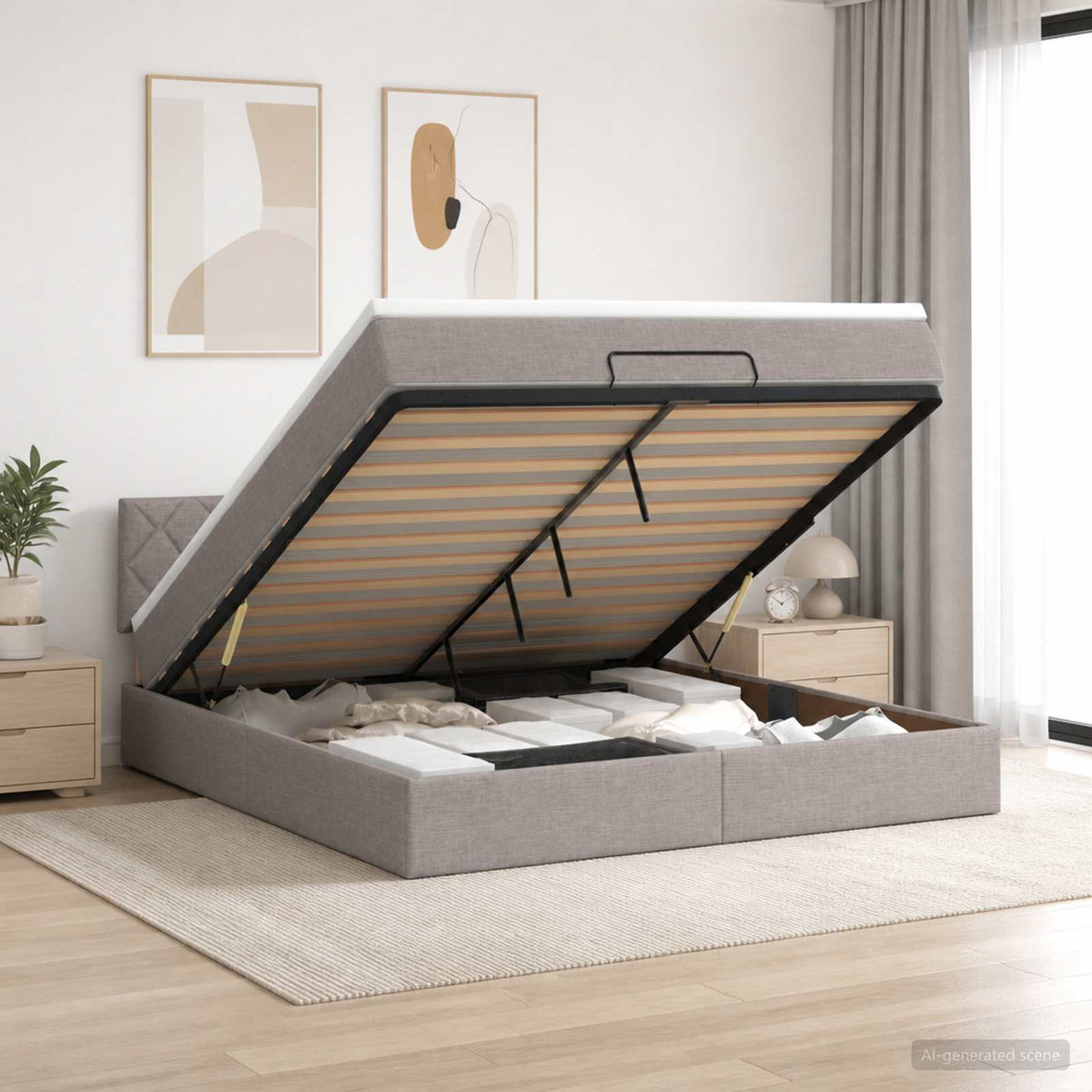 Ottoman bed met matras met hoofdeinde Taupe 140 x 190 cm Stof is nu te koop bij PeponiXL, paradijselijk wonen!
