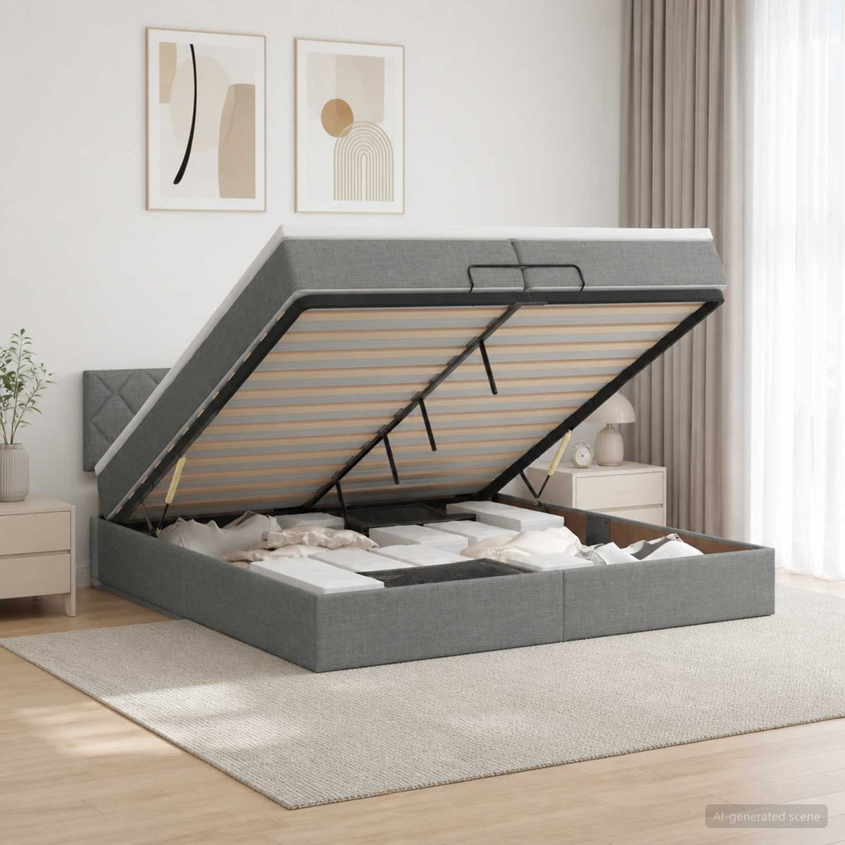 Ottoman bed met matras Donkergrijs 200 x 200 cm Stof is nu te koop bij PeponiXL, paradijselijk wonen!