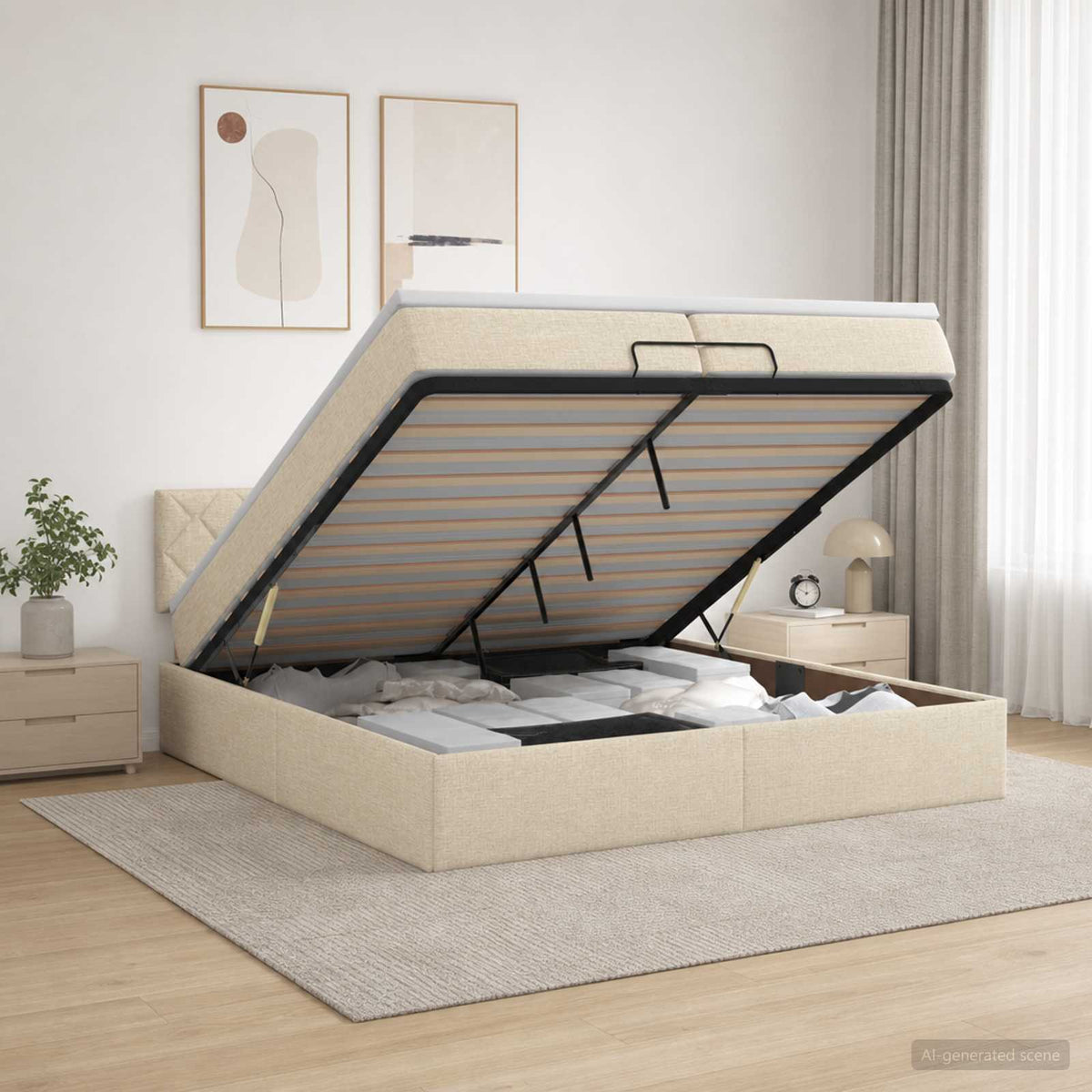 Ottoman bed met matras Crèmekleurig 200 x 200 cm Stof is nu te koop bij PeponiXL, paradijselijk wonen!
