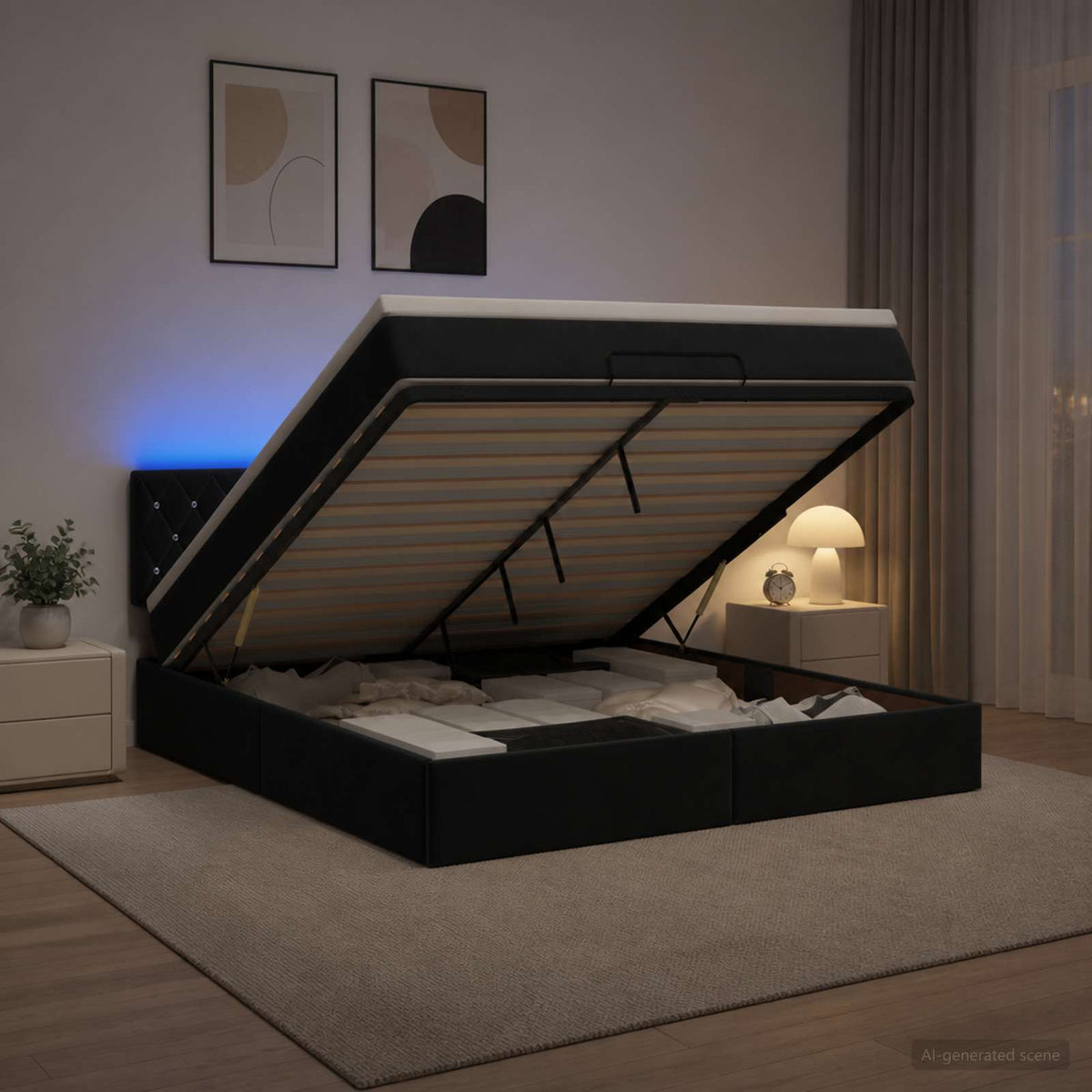 Ottoman Bed met Matrassen en LED Zwart 160 x 200 cm fluweel is nu te koop bij PeponiXL, paradijselijk wonen!