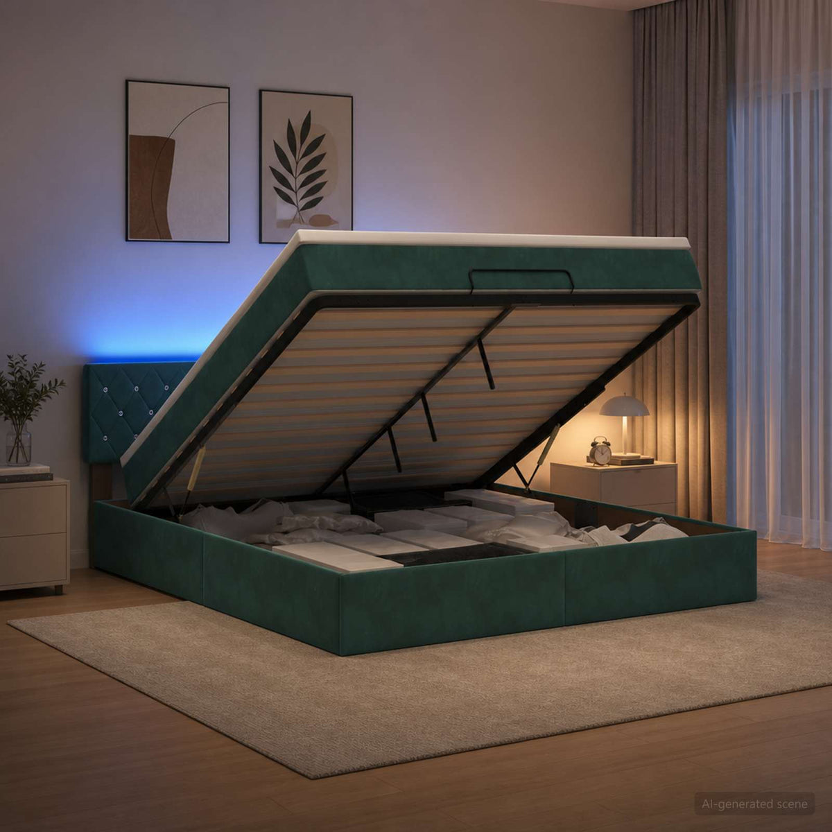 Ottoman Bed met Matrassen en LED Donkergroen 160 x 200 cm is nu te koop bij PeponiXL, paradijselijk wonen!