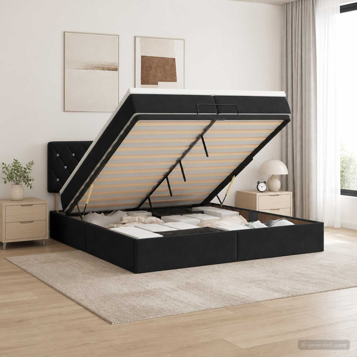 Ottoman bed met matras Zwart 200 x 200 cm Fluweel is nu te koop bij PeponiXL, paradijselijk wonen!