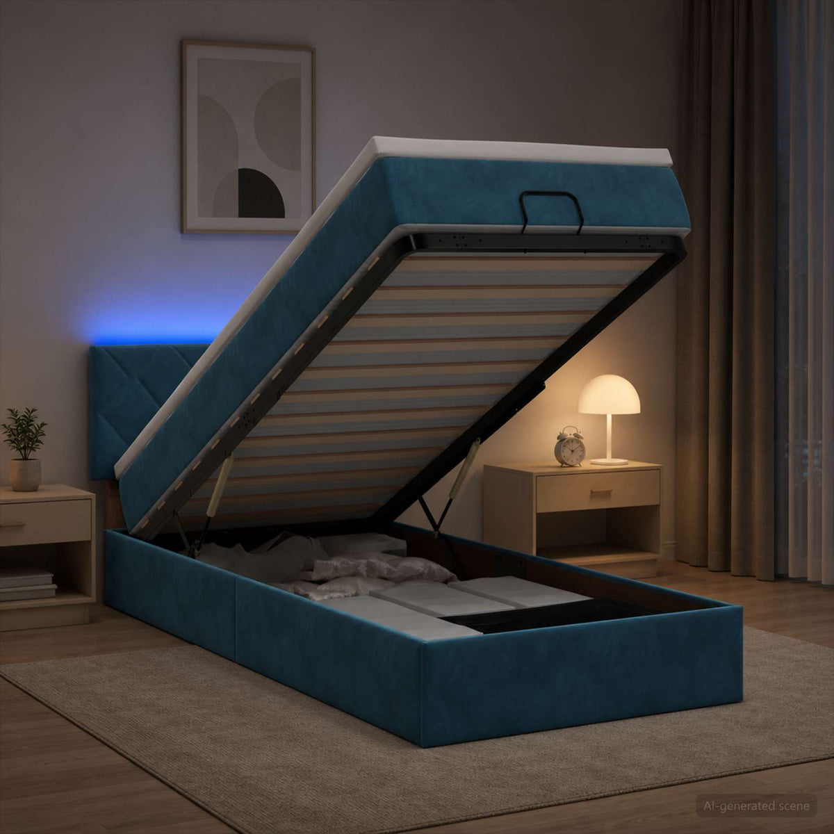 vidaXL Ottoman Bed met Matrassen en LED Donkerblauw 100 x 200 cm