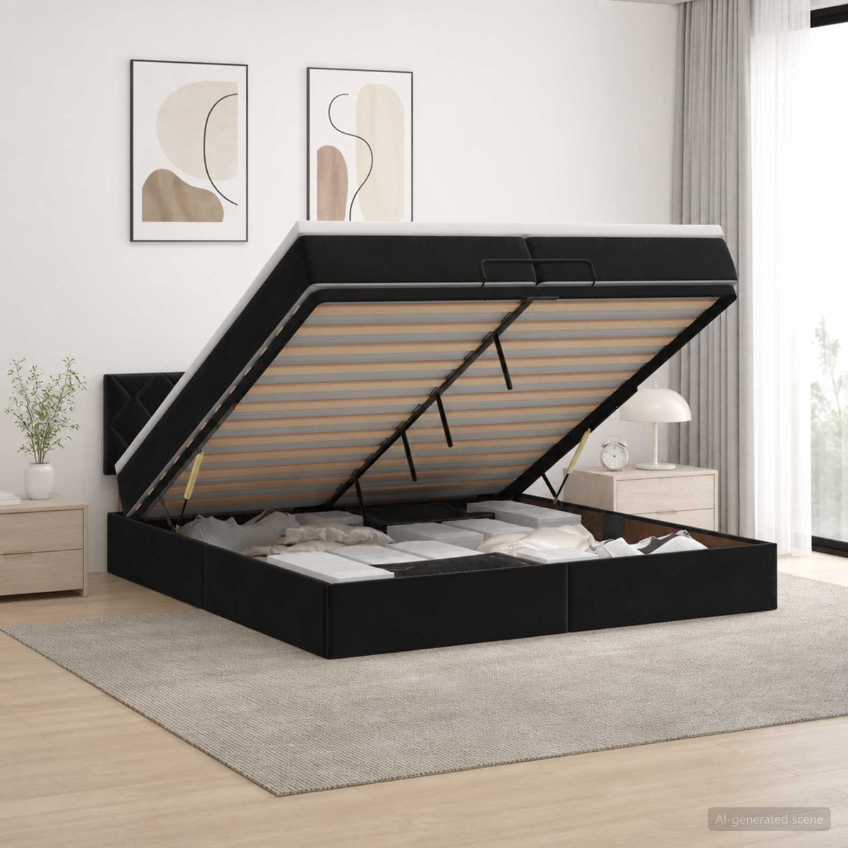 Ottoman bed met matras Zwart 200 x 200 cm Fluweel is nu te koop bij PeponiXL, paradijselijk wonen!